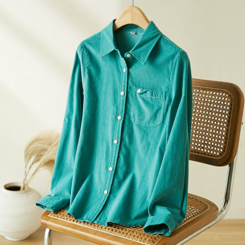 Женска памучна риза с дълги ръкави, мъхеста обработка, яка с ревър, джобове, свободна кройка, есен 2025