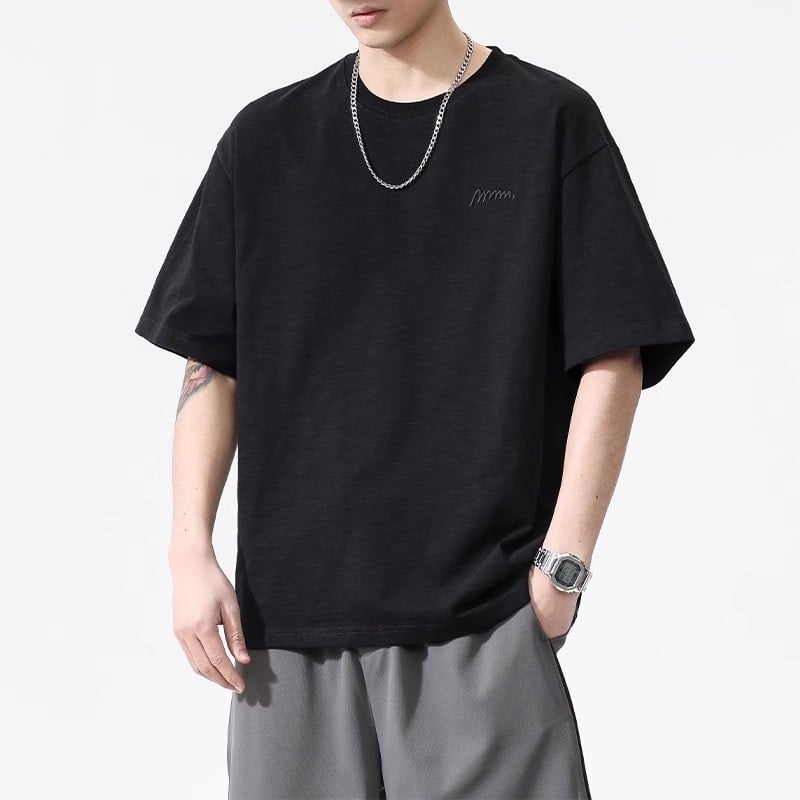 Тениска от слуб памук, свободна кройка, къс ръкав, кръгло деколте, 100% памук