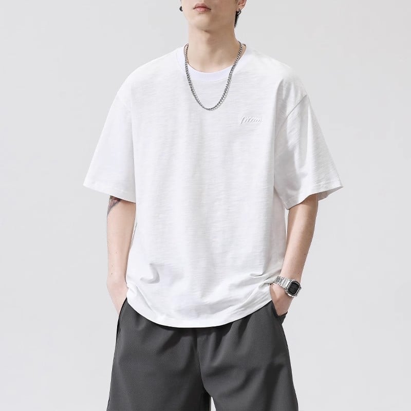 Тениска от слуб памук, свободна кройка, къс ръкав, кръгло деколте, 100% памук