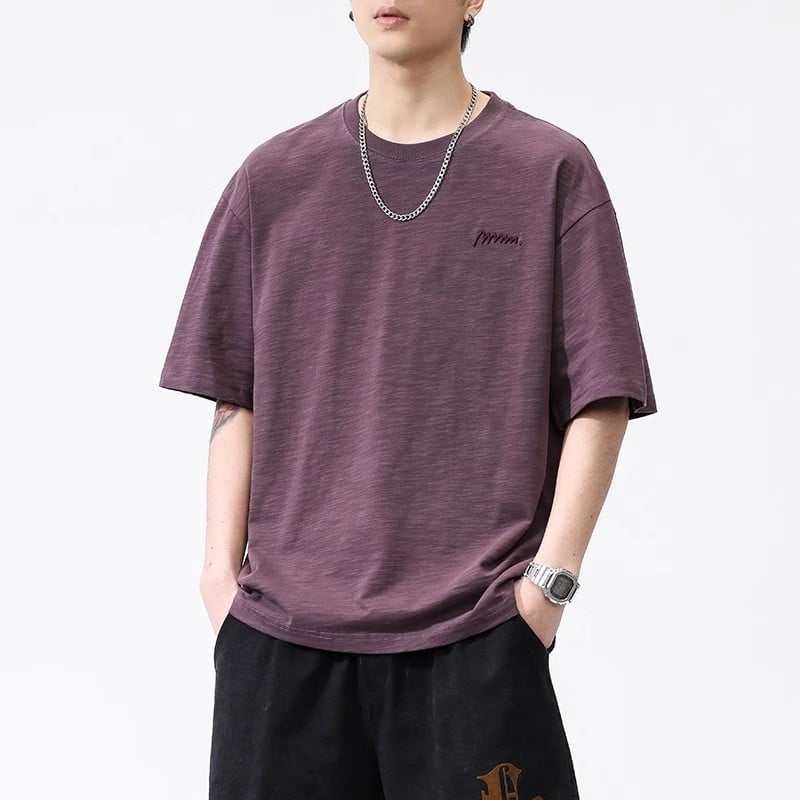 Тениска от слуб памук, свободна кройка, къс ръкав, кръгло деколте, 100% памук