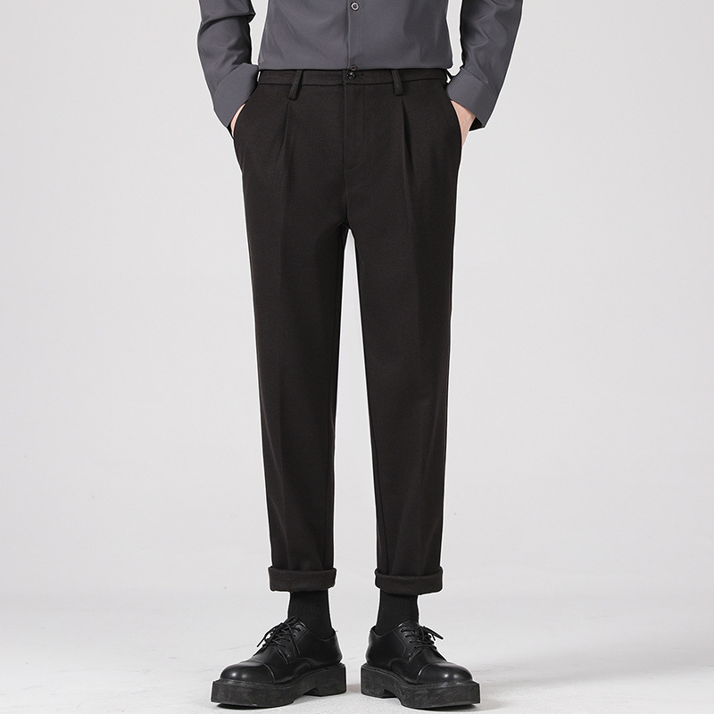 Vyriskos vilnos tiesios kelnes, tiesus kirpimas, sutrumpinta ilgis, vidutinio juosmens, stora medžiaga