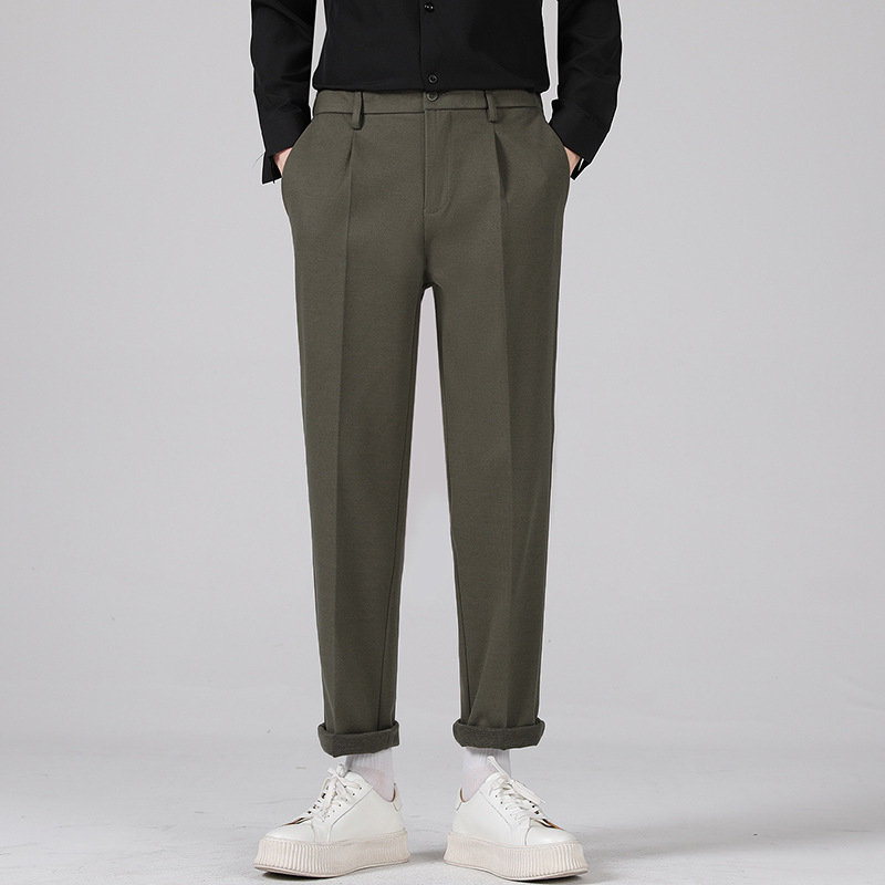 Vyriskos vilnos tiesios kelnes, tiesus kirpimas, sutrumpinta ilgis, vidutinio juosmens, stora medžiaga