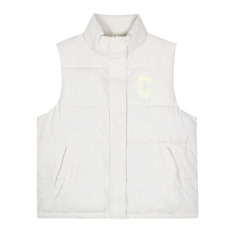 Γιλέκο σε κορεατικό στυλ με κέντημα γραμμάτων στην δεξιά ωμοπλάτη, πολυεστέρας με γέμισμα από βαμβάκι, ψηλός γιακάς, χαλαρή γραμμή, μεσαίου μήκους