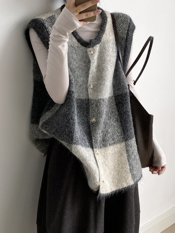 Moterų geometrinis megztas liemenė-kardiganas, apvalus kaklas, laisvas kirpimas, poliesterinis megztinis, ruduo 2025