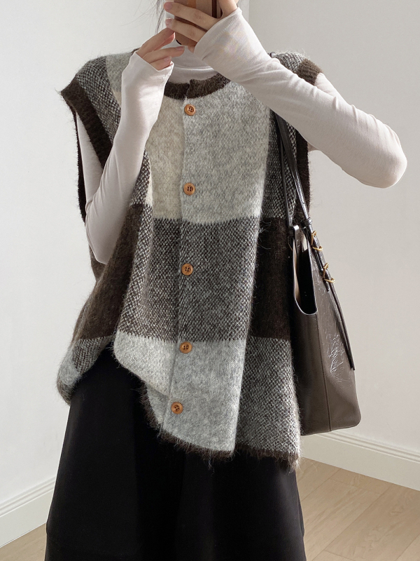 Moterų geometrinis megztas liemenė-kardiganas, apvalus kaklas, laisvas kirpimas, poliesterinis megztinis, ruduo 2025