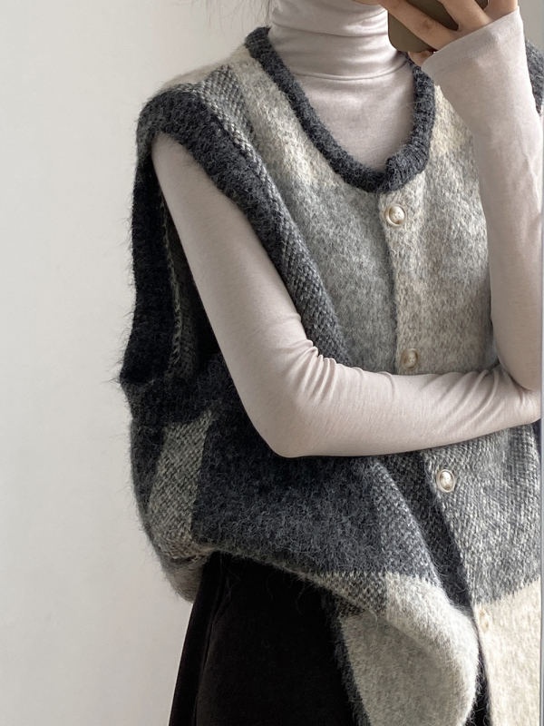 Moterų geometrinis megztas liemenė-kardiganas, apvalus kaklas, laisvas kirpimas, poliesterinis megztinis, ruduo 2025