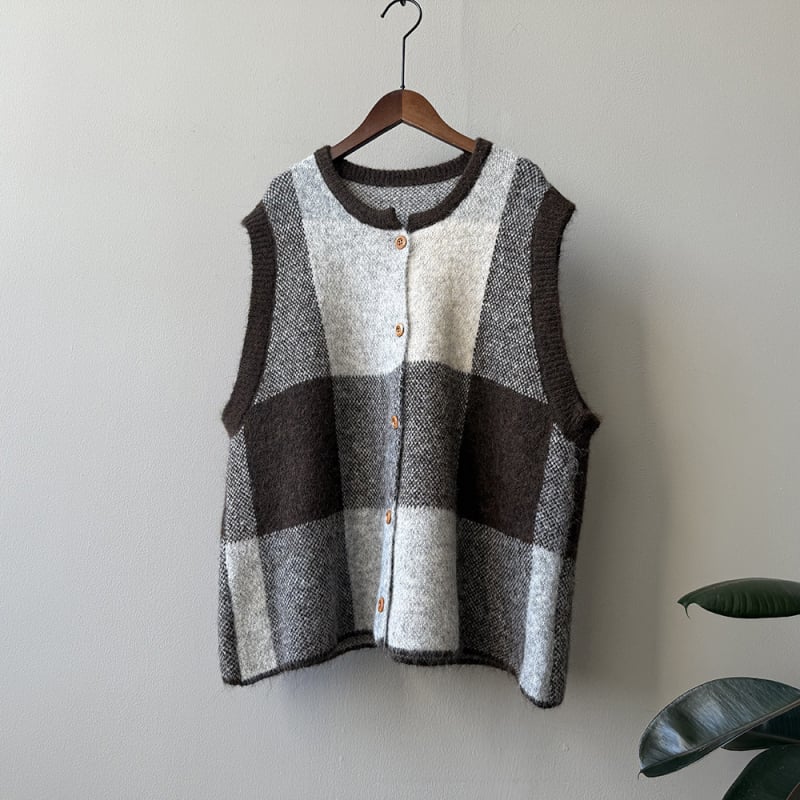 Moterų geometrinis megztas liemenė-kardiganas, apvalus kaklas, laisvas kirpimas, poliesterinis megztinis, ruduo 2025