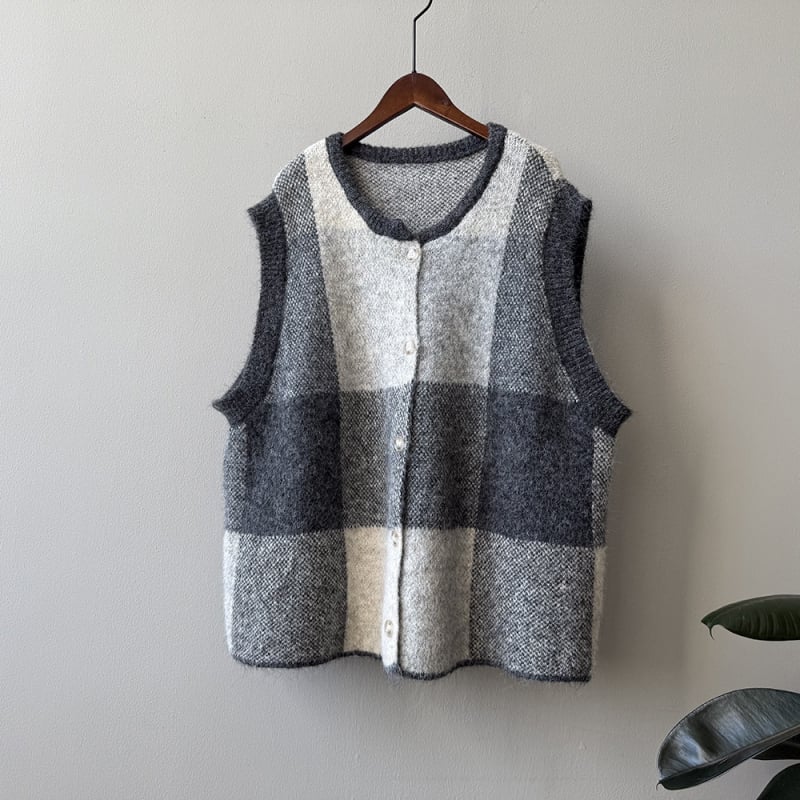 Moterų geometrinis megztas liemenė-kardiganas, apvalus kaklas, laisvas kirpimas, poliesterinis megztinis, ruduo 2025