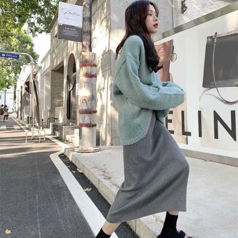 Κορεατική πλεκτή μίντι φούστα, υψηλή μέση, γεωμετρικό σχέδιο, χωρίς σχισμές, μείξη μαλλιού-ελαστάν