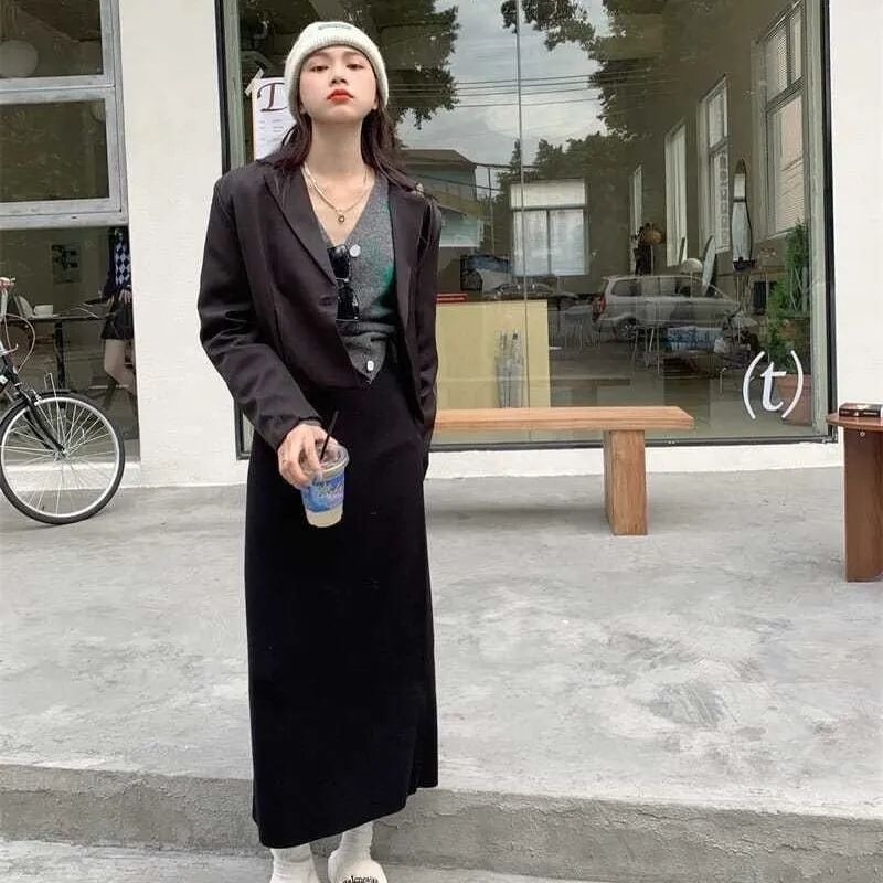 Κορεατική πλεκτή μίντι φούστα, υψηλή μέση, γεωμετρικό σχέδιο, χωρίς σχισμές, μείξη μαλλιού-ελαστάν