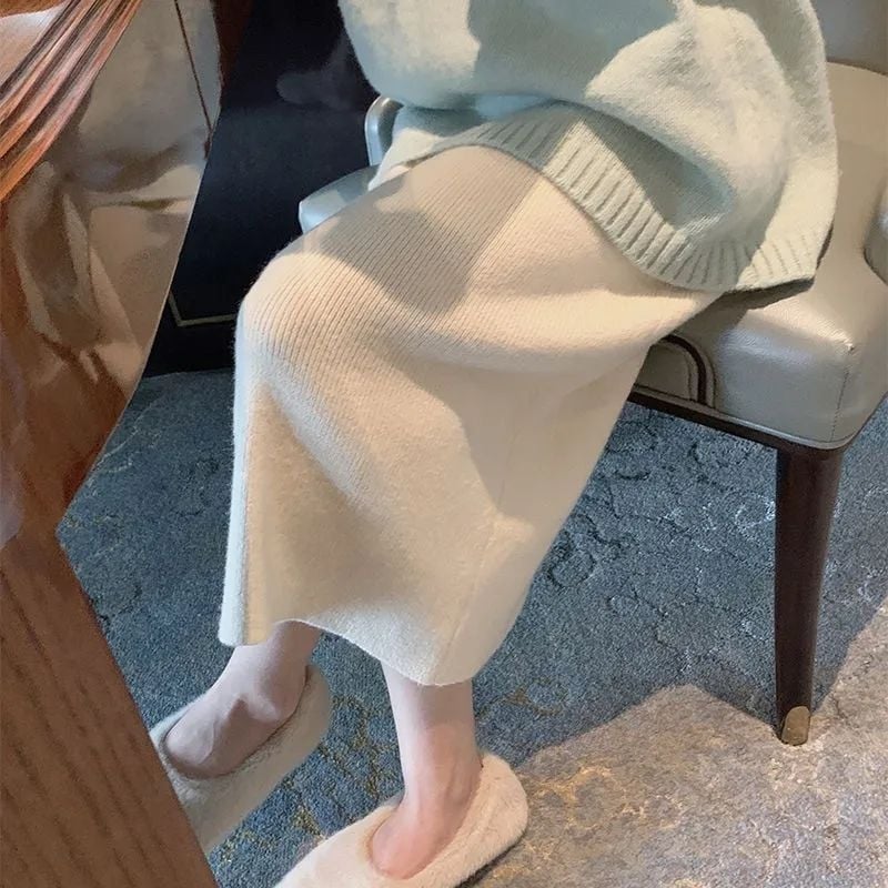 Κορεατική πλεκτή μίντι φούστα, υψηλή μέση, γεωμετρικό σχέδιο, χωρίς σχισμές, μείξη μαλλιού-ελαστάν