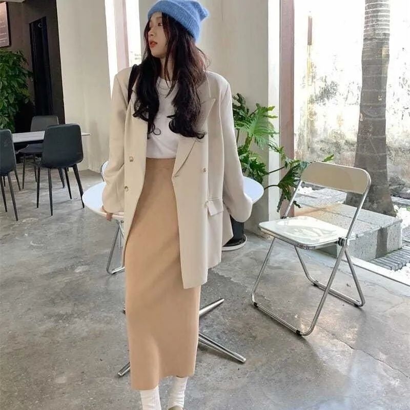 Κορεατική πλεκτή μίντι φούστα, υψηλή μέση, γεωμετρικό σχέδιο, χωρίς σχισμές, μείξη μαλλιού-ελαστάν