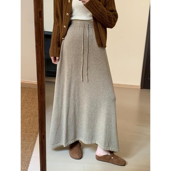 Πλεκτή μίντι φούστα με ψηλή μέση για σμίλευση, κορεατικό στυλ, φθινόπωρο 2024, μίξη πολυεστέρα-βισκοζη, σχήμα ομπρέλα