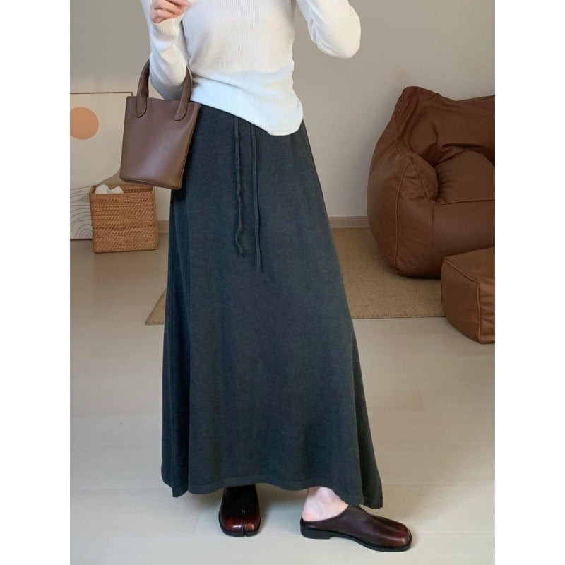 Πλεκτή μίντι φούστα με ψηλή μέση για σμίλευση, κορεατικό στυλ, φθινόπωρο 2024, μίξη πολυεστέρα-βισκοζη, σχήμα ομπρέλα