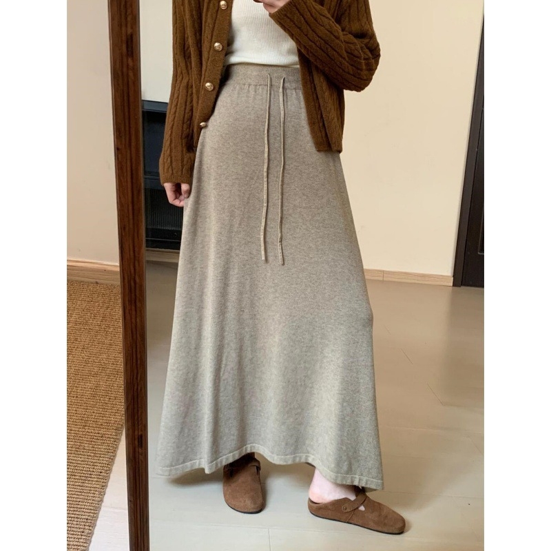 Πλεκτή μίντι φούστα με ψηλή μέση για σμίλευση, κορεατικό στυλ, φθινόπωρο 2024, μίξη πολυεστέρα-βισκοζη, σχήμα ομπρέλα