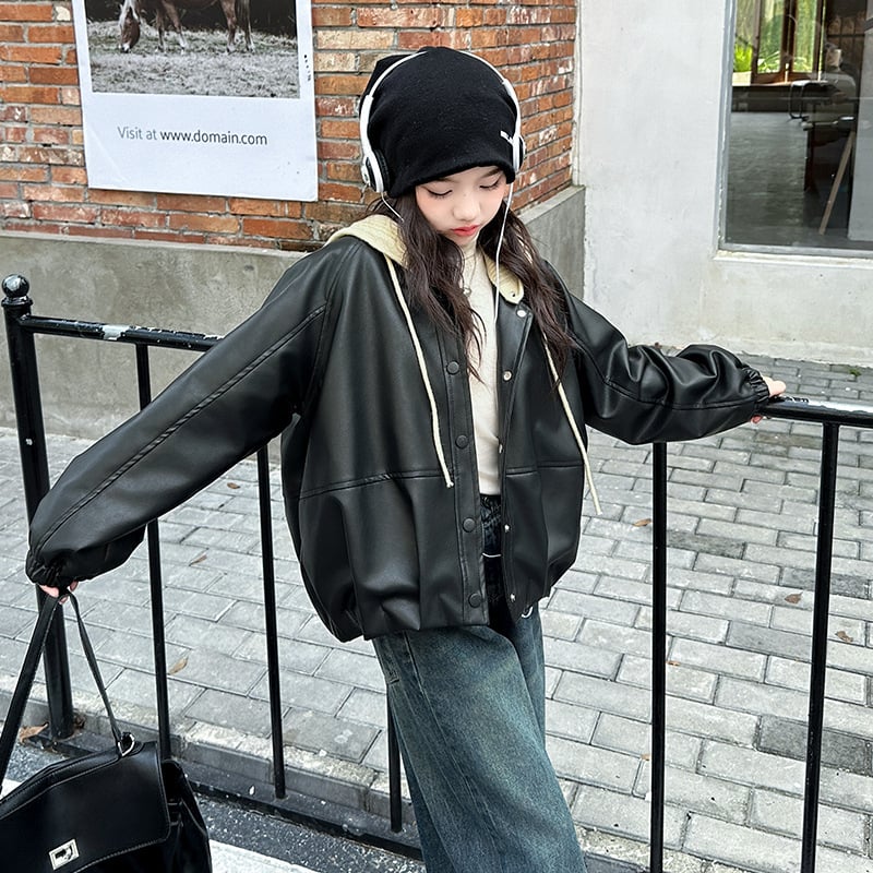 Детско кожено яке с качулка, подплатено флисом, PU кожа, къс модел, V-образна яка, за момичета над 8 г., есен 2025