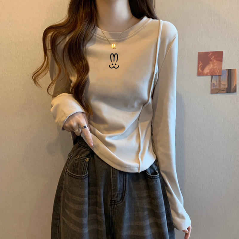 Moteriški marškinėliai iš 100% medvilnės, apvaliu kaklu, ilgomis rankovėmis, siauras kirpimas ir siuvinėjimas