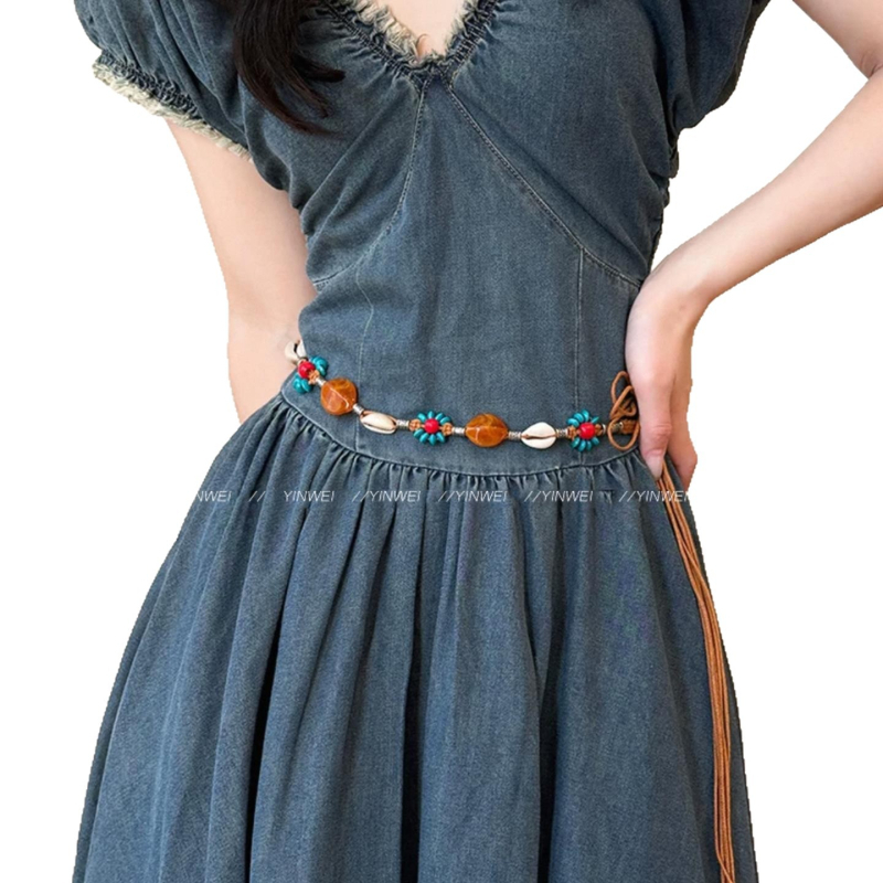 Бохемски ретро плетен колан за жени — памучна тъкан, серия Princess, с една примка, лято и пролет