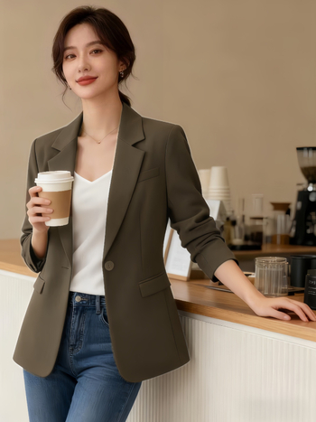 Naiste vaba lõikega bleiser koos ülikonnakaelaga, keskmise pikkusega, ühe nupuga, polüester