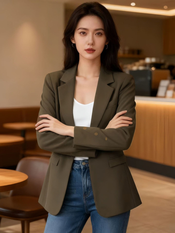 Naiste vaba lõikega bleiser koos ülikonnakaelaga, keskmise pikkusega, ühe nupuga, polüester