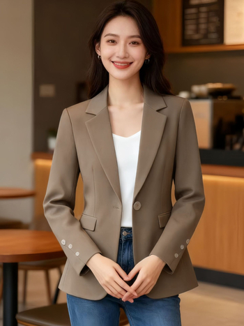 Naiste vaba lõikega bleiser koos ülikonnakaelaga, keskmise pikkusega, ühe nupuga, polüester