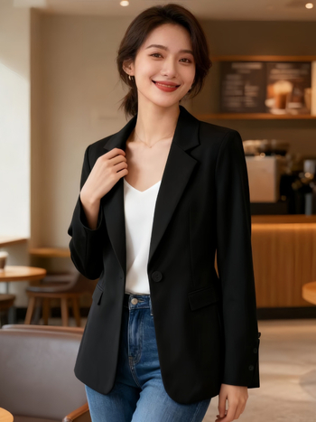 Naiste vaba lõikega bleiser koos ülikonnakaelaga, keskmise pikkusega, ühe nupuga, polüester