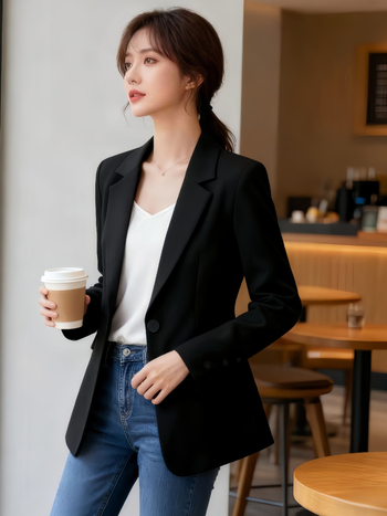 Naiste vaba lõikega bleiser koos ülikonnakaelaga, keskmise pikkusega, ühe nupuga, polüester