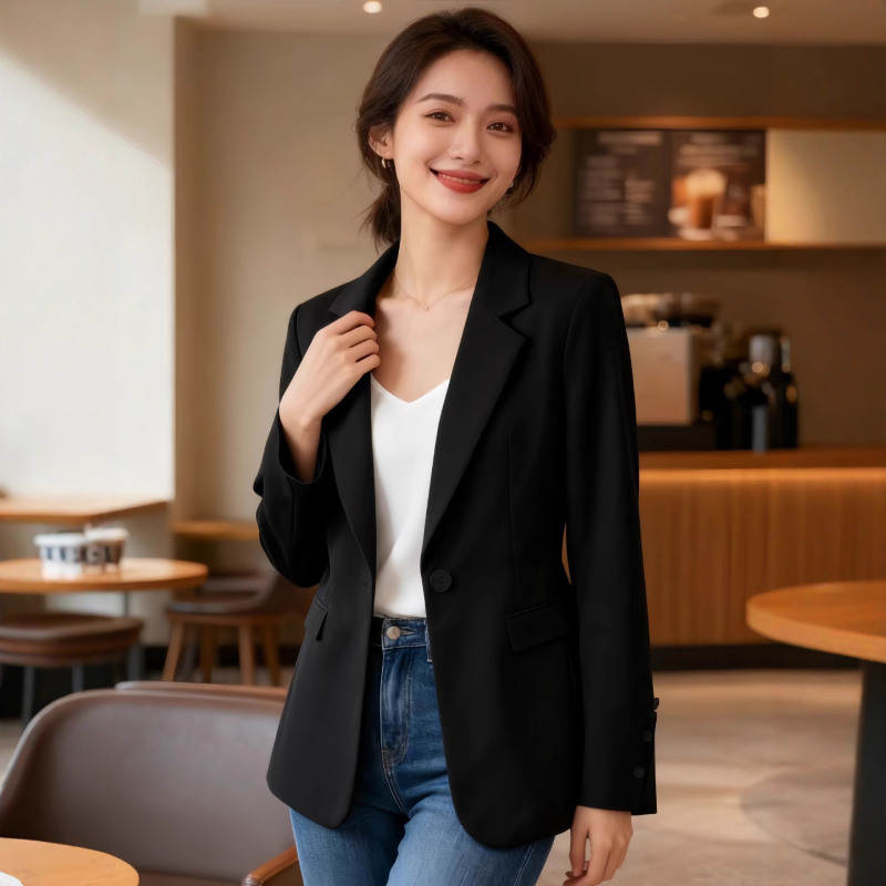 Naiste vaba lõikega bleiser koos ülikonnakaelaga, keskmise pikkusega, ühe nupuga, polüester