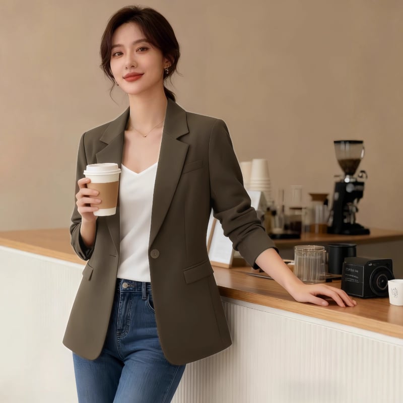 Naiste vaba lõikega bleiser koos ülikonnakaelaga, keskmise pikkusega, ühe nupuga, polüester