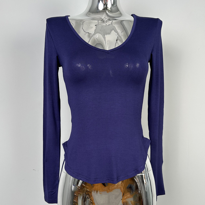 Ilgos rankovės marškinėliai su V formos kaklu, Slim-Fit, viskozės ir spandekso mišinys