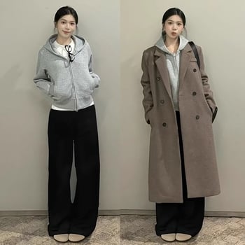 Σύντομη ζακέτα-φούτερ με φερμουάρ και κουκούλα, ελαφρώς φαρδιά γραμμή, ιαπωνοκορεατικό casual στυλ, μήκος 40-50 εκ., μίγμα βαμβακιού-πολυεστέρα (50-70% βάμβακι; 30-50% πολυεστέρας)