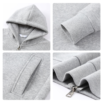 Σύντομη ζακέτα-φούτερ με φερμουάρ και κουκούλα, ελαφρώς φαρδιά γραμμή, ιαπωνοκορεατικό casual στυλ, μήκος 40-50 εκ., μίγμα βαμβακιού-πολυεστέρα (50-70% βάμβακι; 30-50% πολυεστέρας)