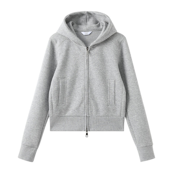 Σύντομη ζακέτα-φούτερ με φερμουάρ και κουκούλα, ελαφρώς φαρδιά γραμμή, ιαπωνοκορεατικό casual στυλ, μήκος 40-50 εκ., μίγμα βαμβακιού-πολυεστέρα (50-70% βάμβακι; 30-50% πολυεστέρας)