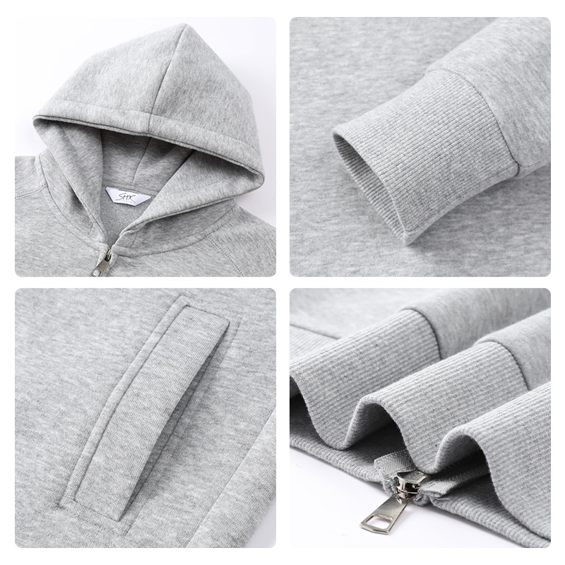 Σύντομη ζακέτα-φούτερ με φερμουάρ και κουκούλα, ελαφρώς φαρδιά γραμμή, ιαπωνοκορεατικό casual στυλ, μήκος 40-50 εκ., μίγμα βαμβακιού-πολυεστέρα (50-70% βάμβακι; 30-50% πολυεστέρας)