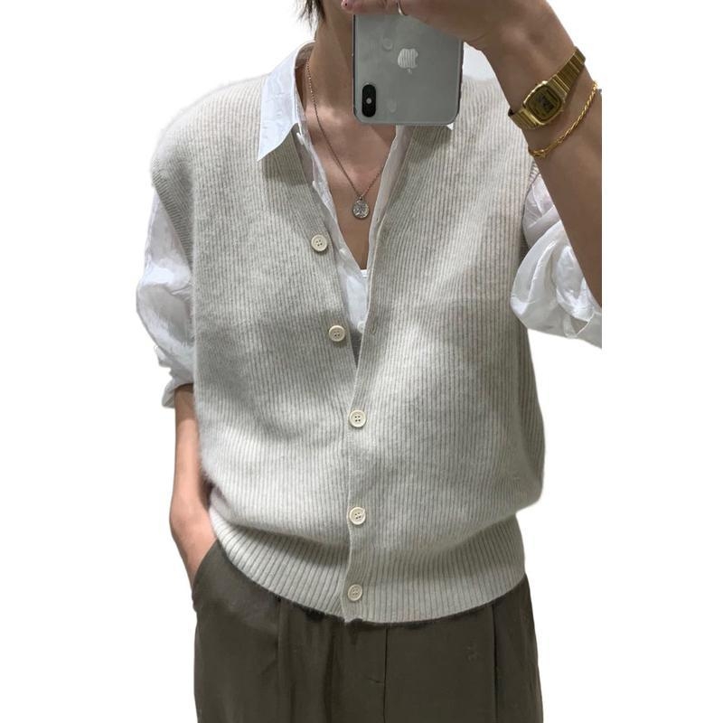 Moteriška vilninė megztinė liemenė, kardigan stiliaus, laisvas kirpimas, be apykaklės, vienspalvė vilna (>95% vilna)