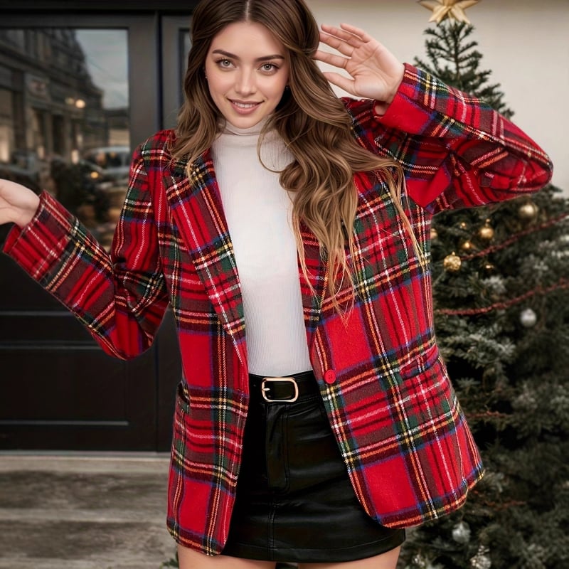 Sacou damă în carouri, mâneci lungi, guler rever, țesătură poliester-viscose de greutate medie, lungime regulată, stil elegant pentru zi cu zi.