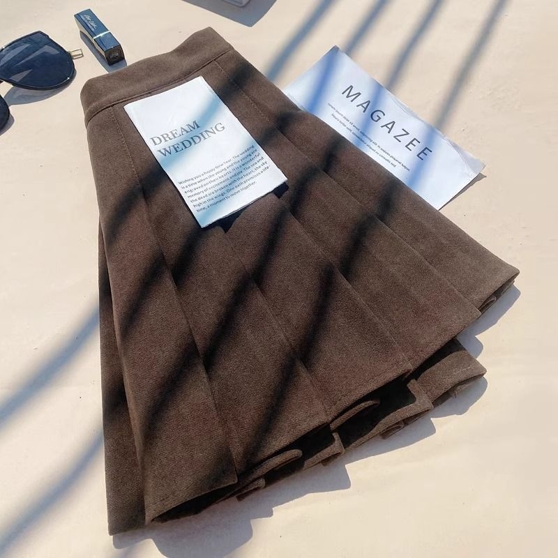 Shanlidi φούστα από μαλλί με πιέτες, ψηλόμεση, Α-γραμμή, για φθινόπωρο-χειμώνα