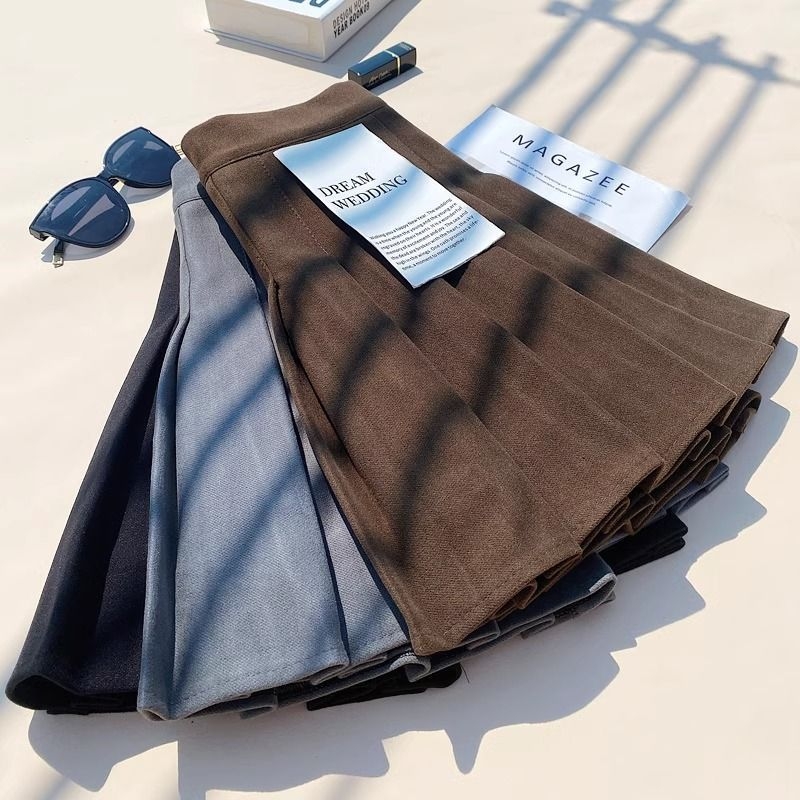 Shanlidi φούστα από μαλλί με πιέτες, ψηλόμεση, Α-γραμμή, για φθινόπωρο-χειμώνα