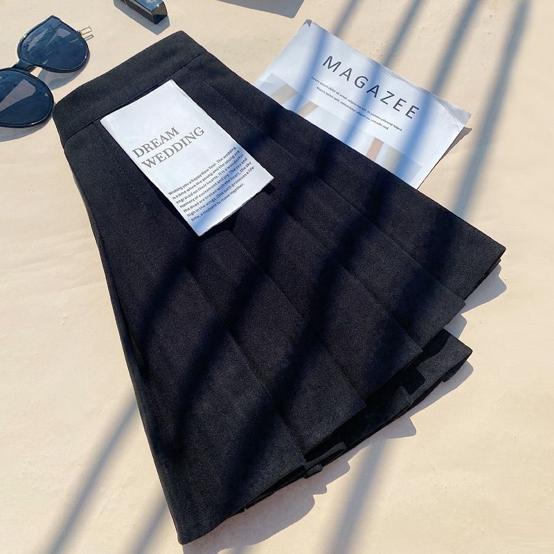 Shanlidi φούστα από μαλλί με πιέτες, ψηλόμεση, Α-γραμμή, για φθινόπωρο-χειμώνα