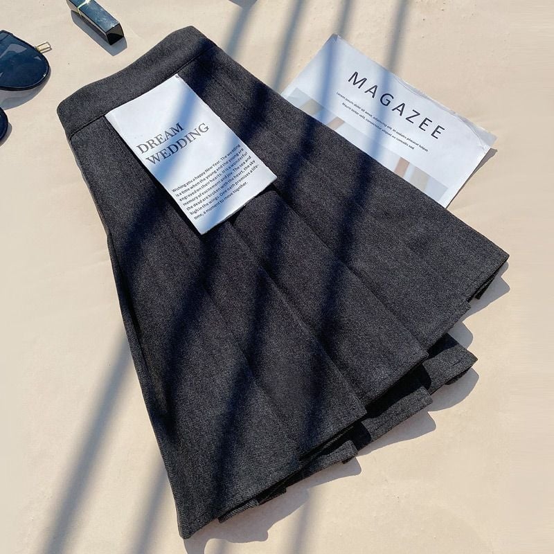 Shanlidi φούστα από μαλλί με πιέτες, ψηλόμεση, Α-γραμμή, για φθινόπωρο-χειμώνα