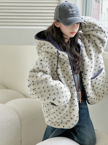 Palton de iarnă pentru copii din lână de miel, stil coreean, cu glugă, imprimeu floral, închidere cu fermoar