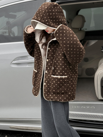 Palton de iarnă pentru copii din lână de miel, stil coreean, cu glugă, imprimeu floral, închidere cu fermoar