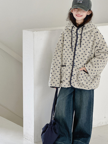 Palton de iarnă pentru copii din lână de miel, stil coreean, cu glugă, imprimeu floral, închidere cu fermoar