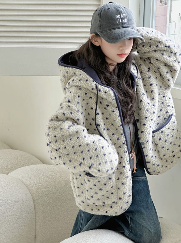 Palton de iarnă pentru copii din lână de miel, stil coreean, cu glugă, imprimeu floral, închidere cu fermoar