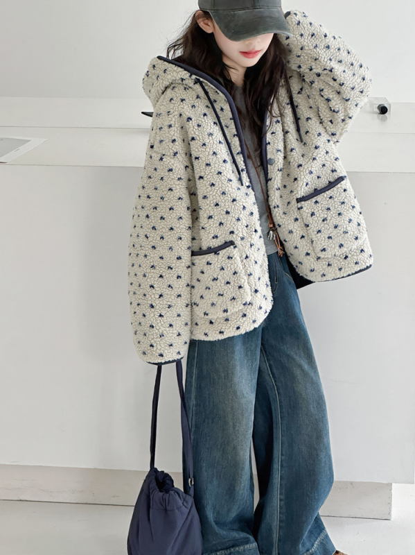 Palton de iarnă pentru copii din lână de miel, stil coreean, cu glugă, imprimeu floral, închidere cu fermoar