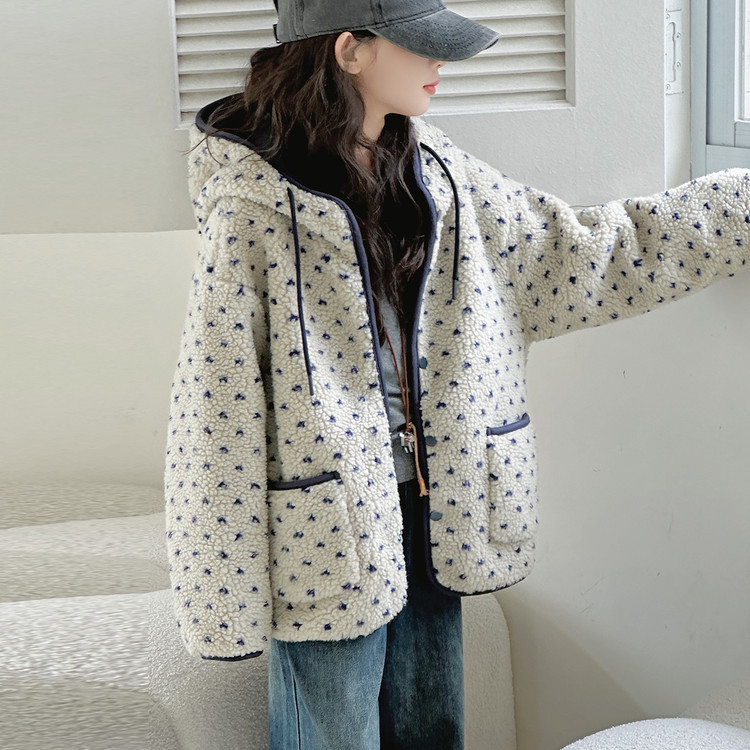 Palton de iarnă pentru copii din lână de miel, stil coreean, cu glugă, imprimeu floral, închidere cu fermoar