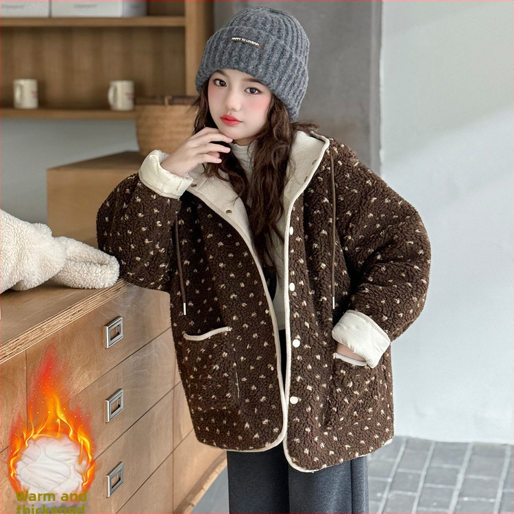 Mergaitėms žieminė striukė iš avies vilnos, korėjietiško stiliaus, gobtuvu, gėlių raštu, užtrauktukas