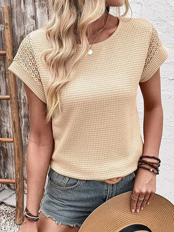 Moteriški marškinėliai su apvaliu kaklu, waffle-knit nėrinių iškirpimas, trumpomis rankovėmis, jacquard megztinis, 95% poliesteris