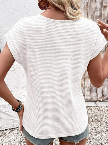 Moteriški marškinėliai su apvaliu kaklu, waffle-knit nėrinių iškirpimas, trumpomis rankovėmis, jacquard megztinis, 95% poliesteris