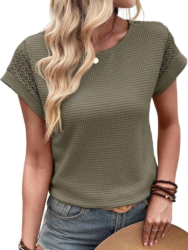 Moteriški marškinėliai su apvaliu kaklu, waffle-knit nėrinių iškirpimas, trumpomis rankovėmis, jacquard megztinis, 95% poliesteris